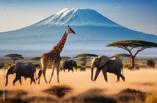 African fauna, elephants and giraffes in the savannah against the backdrop of a dormant volcano