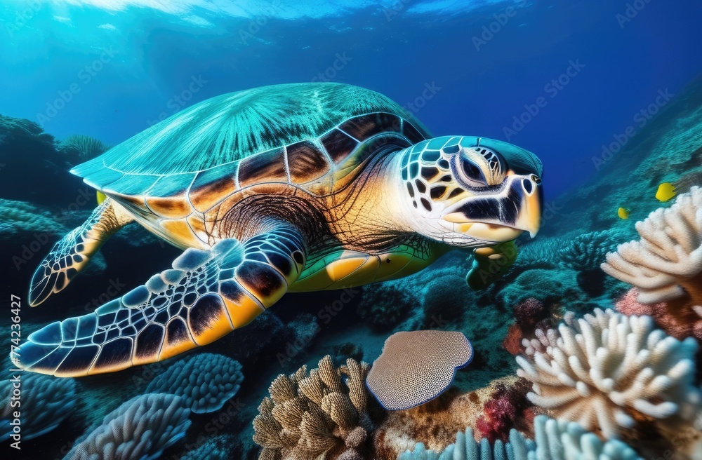 Close-up. A turtle swims underwater near corals in the sun's rays. Underwater photography Close-up. A turtle swims underwater near corals in the sun's rays. Underwater photography