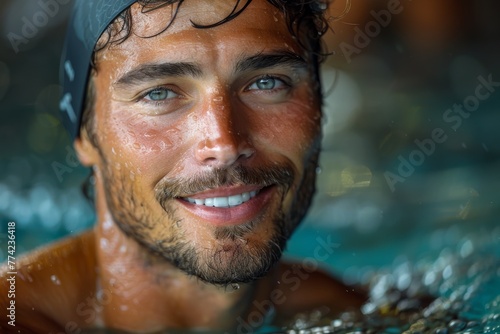 Smiling male swimmer in the water, capturing joy and satisfaction of sports © Larisa AI