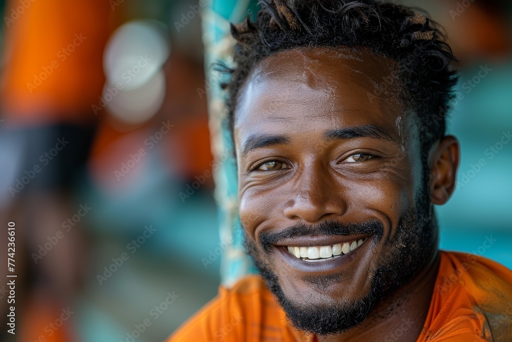 Close-up of a joyful man with a stubble beard wearing an orange jersey - obrazy, fototapety, plakaty 