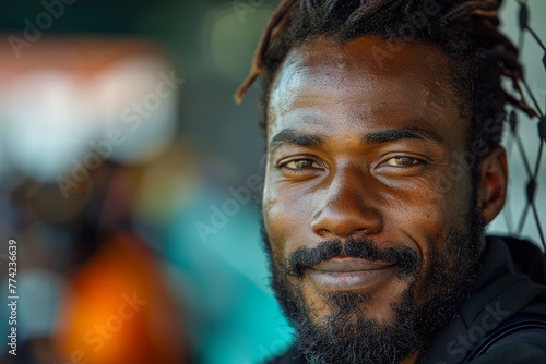 Portrait of a friendly man with dreadlocks and a subtle smile outdoors