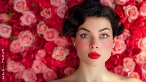 Rose-Adorned Beauty with Red Lips