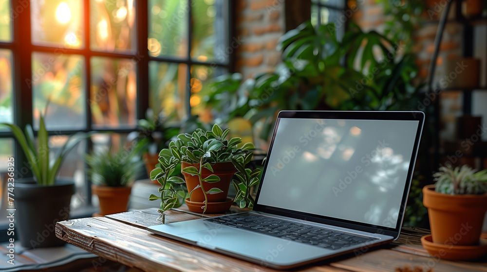 laptop with blank screen on the table near the window, laptop lying open on a neat table, in the background natural light can be seen coming in through the window, Ai generated Images laptop with blank screen on the table near the window, laptop lying open on a neat table, in the background natural light can be seen coming in through the window, Ai generated Images