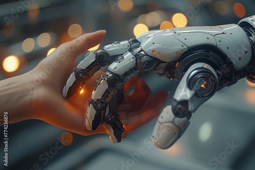 Against a backdrop of glowing orbs, a robotic hand approaches a human one, a moment capturing the potential unity of organic and artificial life. Foregrounding innovation,