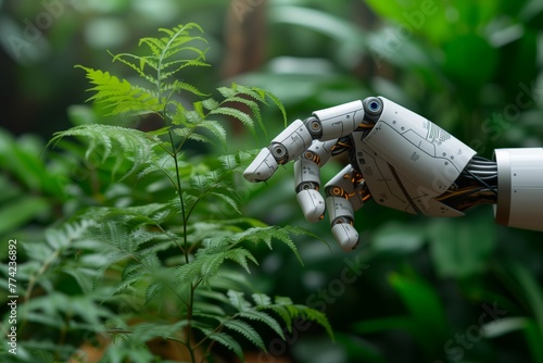 Botanical tenderness grasped by artificial intelligence, robotic fingers trace fern patterns, merging nature with machine. Metallic hand explores verdure intricacies, delicate touch upon green fronds