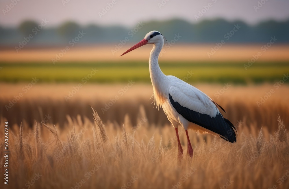 Obraz premium A stork walks through a field of wheat. Stork in the wild