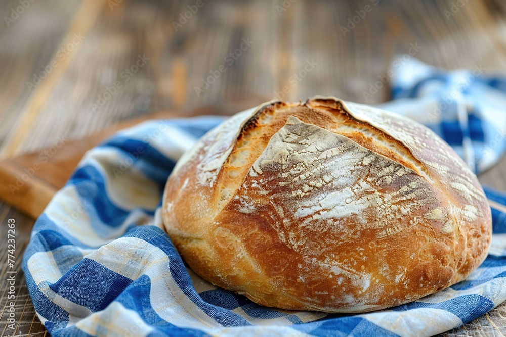 Freshly baked bread with blue napkin on wooden table