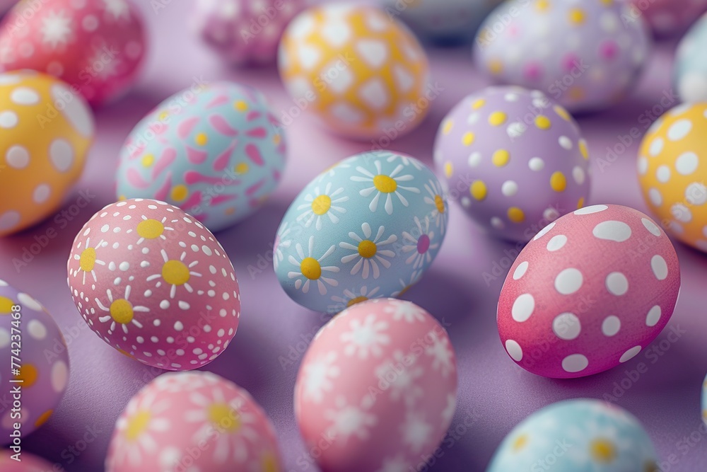 Pattern of decorated easter eggs on purple background