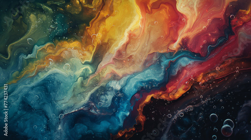 Abstract fluid art background with swirling colors and bubbles, creating an otherworldly atmosphere. A softly blurred backdrop that adds depth to the scene, creating a sense of mystery or magic