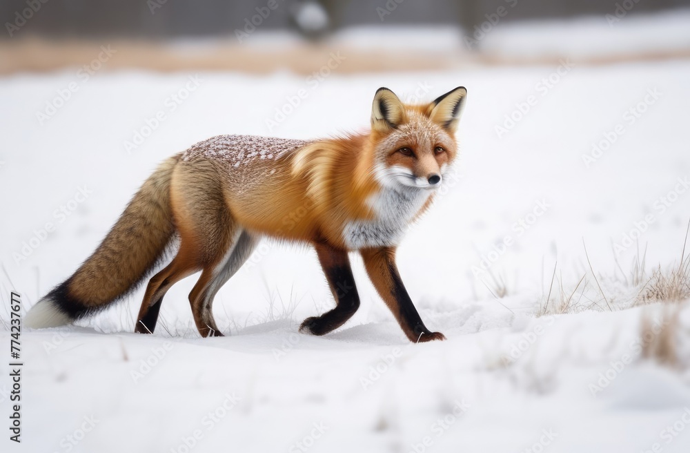 Fox runs through a snowy field