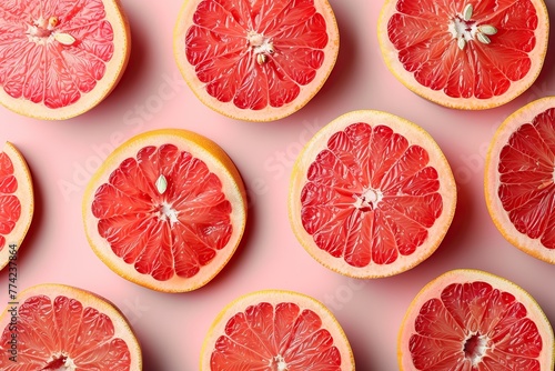 Pattern of fresh sliced grapefruits on pink background