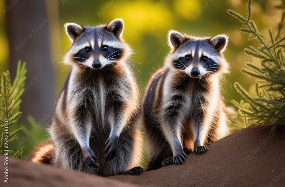 Raccoons sitting in the forest on a sunny day