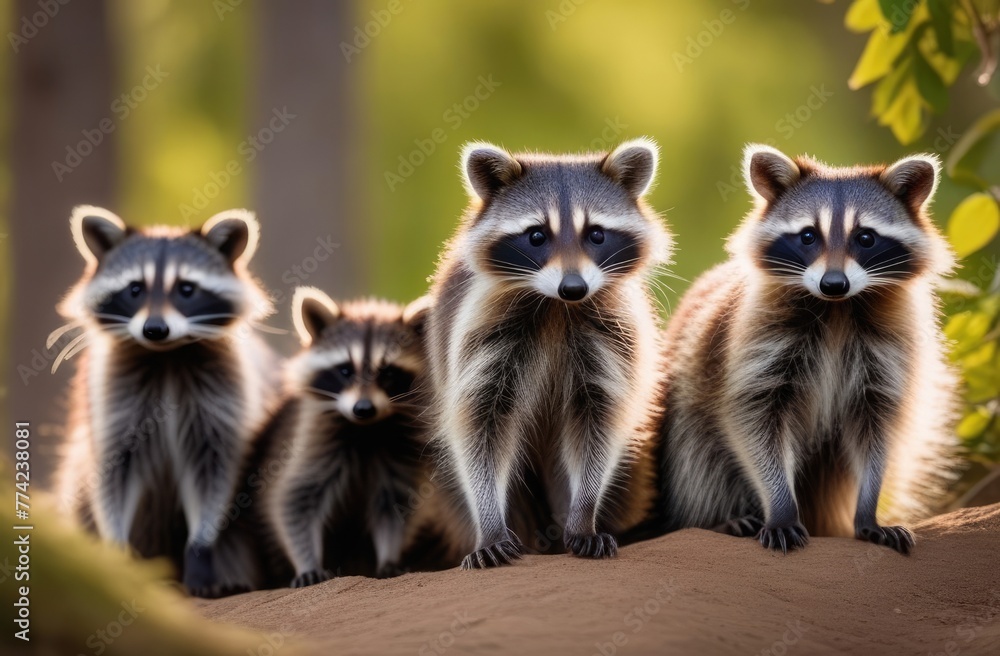 Close-up. Family of raccoons in the wild