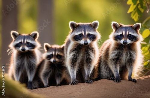 Close-up. Family of raccoons in the wild © Krystsina