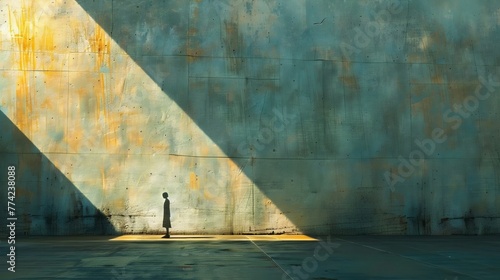 Solitary Figure Shadow Concrete Wall Sunlight Contrast