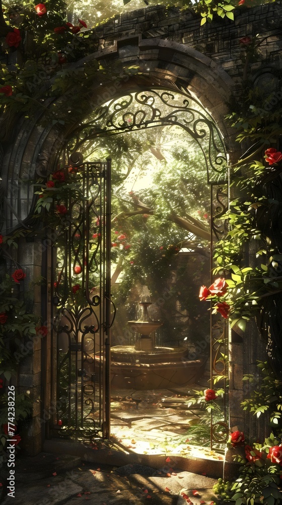 Enchanted Garden Gateway Sunlight Roses Fountain Romance Enchanted Garden Gateway Sunlight Roses Fountain Romance