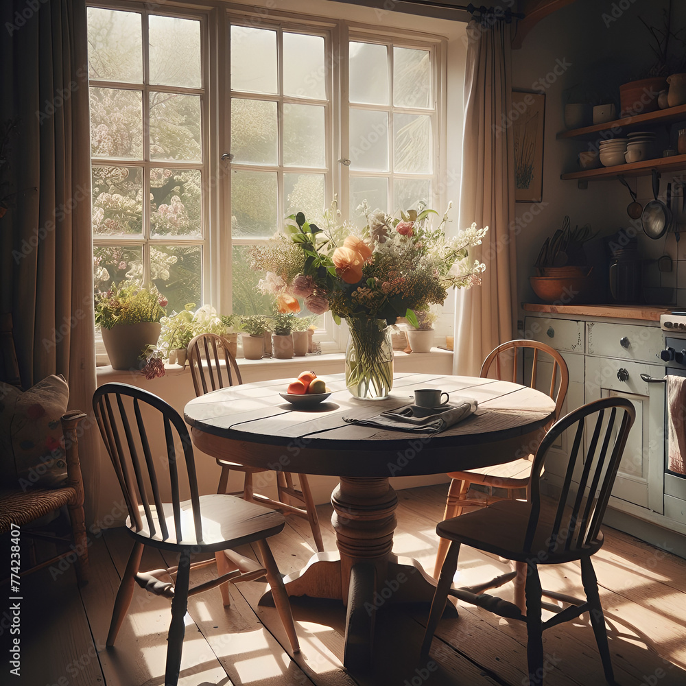 Sunlight Illuminating a Cozy Kitchen with a Beautiful Flower Arrangement on the Table Sunlight Illuminating a Cozy Kitchen with a Beautiful Flower Arrangement on the Table
