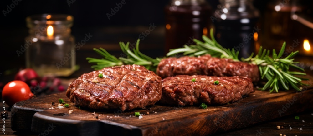 A variety of fresh meat and colorful vegetables are neatly arranged on a wooden cutting board in a close-up shot