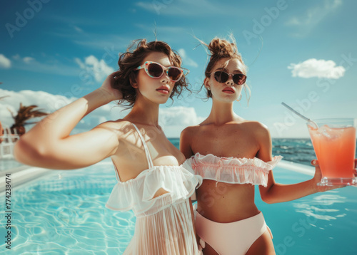 Two pretty girls near a swimming pool