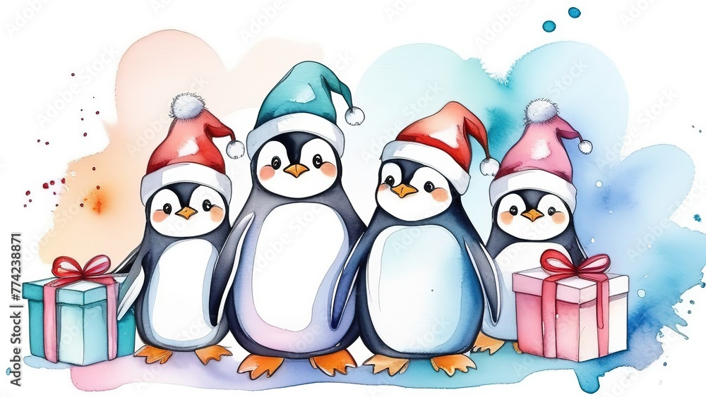 Fototapeta premium Cute penguins in colorful hats with gift boxes, Christmas and New Year concept