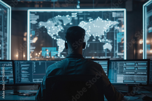 Advanced cybersecurity technology defends against cybercrime, with encryption, firewalls, and threat detection systems safeguarding digital assets and sensitive information from malicious attacks. © Piyaphorn