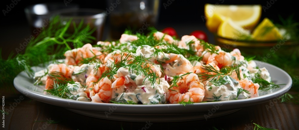 A plate is filled with a delicious shrimp salad topped with fresh dilllie and lemon wedges for added flavor A plate is filled with a delicious shrimp salad topped with fresh dilllie and lemon wedges for added flavor