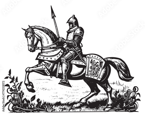 Medieval armed knight riding a horse. Historical ancient military character. Prince with a sword and shield. Ancient fighter. Vintage vector sketch. Engraved hand drawn illustration.