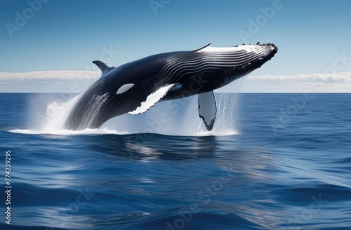 Close-up. A large whale jumps out of the water, creating splashes around itself © Krystsina