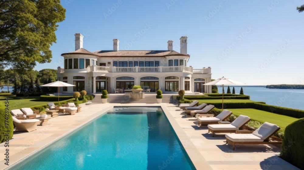 Fototapeta premium Mediterranean inspired villa with a sprawling garden and a private beach access in the exclusive Hamptons, New York