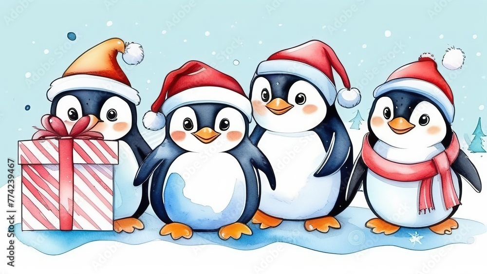Obraz premium Cute penguins in colorful hats with gift boxes, Christmas and New Year concept