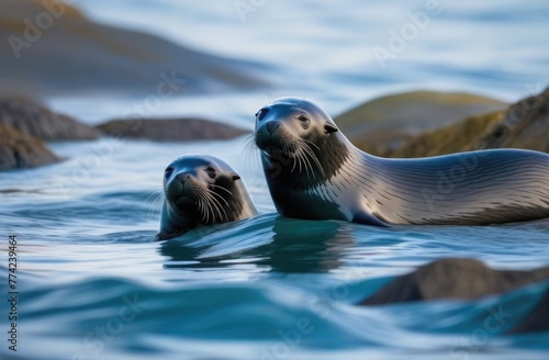 Fur seals swim in the sea near the rocks photo
