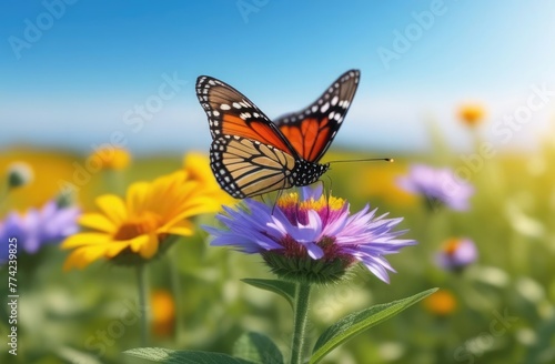 Close-up. A butterfly sits on a lilac flower in a sunny meadow