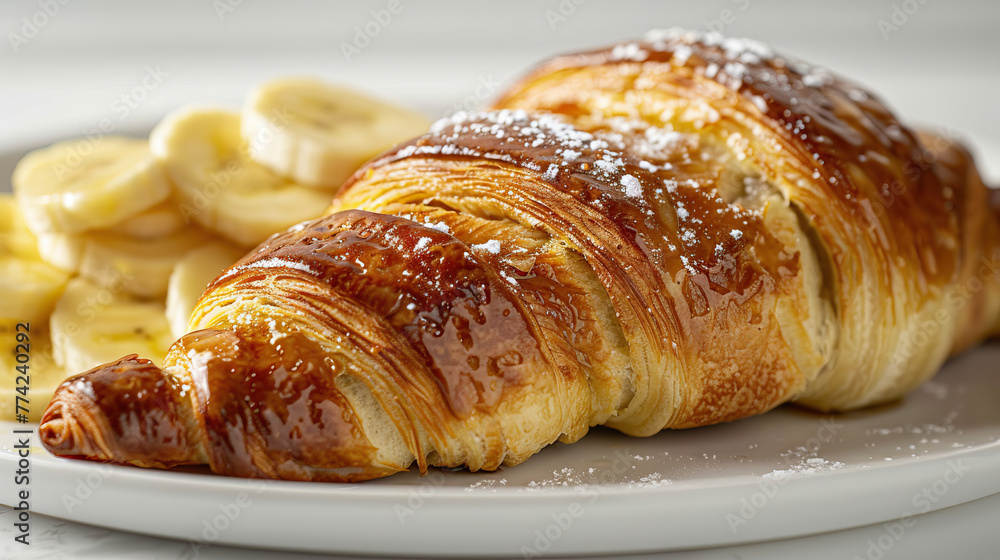 croissant with banana in breakfast brunch menu National Banana Day. The third Wednesday of April. Poster, banner, card, background. Banana day logo for the international banana day in april