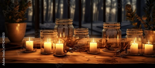 Multiple candles are lit inside glass jars placed on a wooden table, surrounded by green plants