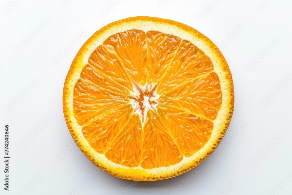 Slice of orange on white background, top view. Citrus fruit vitamins C Slice of orange on white background, top view. Citrus fruit vitamins C