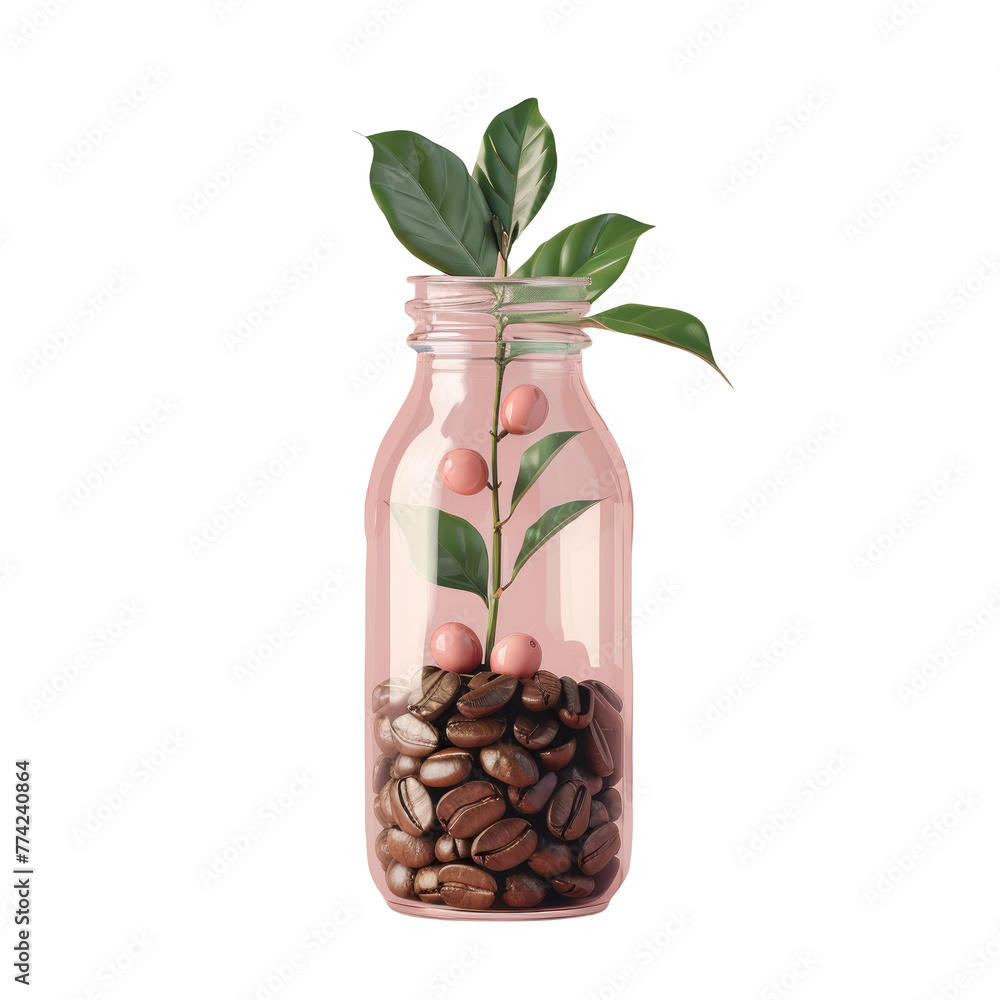A jar with coffee beans and a plant A jar with coffee beans and a plant