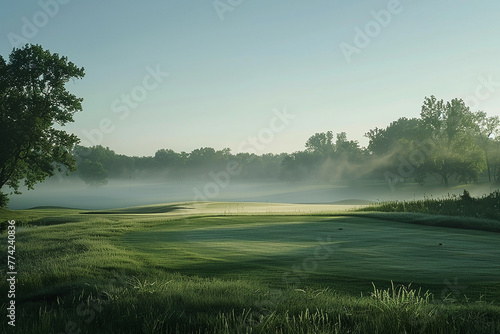 A golf course blanketed in morning mist  creating a serene atmosphere.