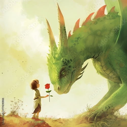 a kid giving a rose to a big green dragon, Sant Jordi