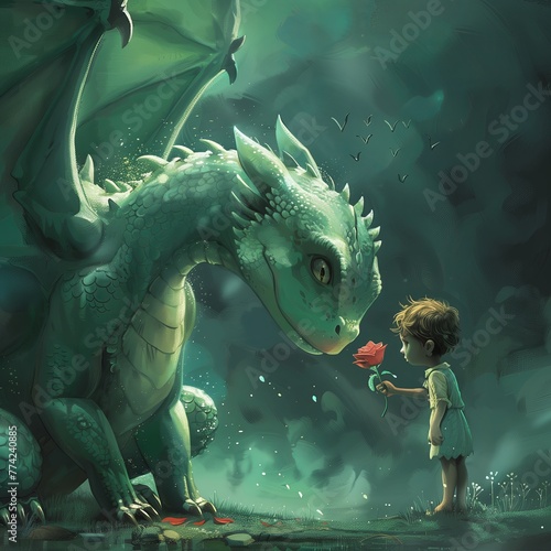 a kid giving a rose to a big green dragon, Sant Jordi