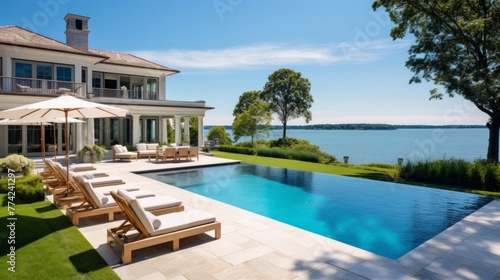 Mediterranean inspired villa with a sprawling garden and a private beach access in the exclusive Hamptons, New York