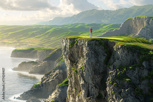 A golfer admiring the view from a tee box perched on a cliff edge.