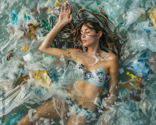 Mujer joven ahogada flotando en el mar enganchada a plasticos y un monton de desperdicios y residuos. Concepto salvar el mediambiente y lucha contra la contaminacion de los oceanos photo