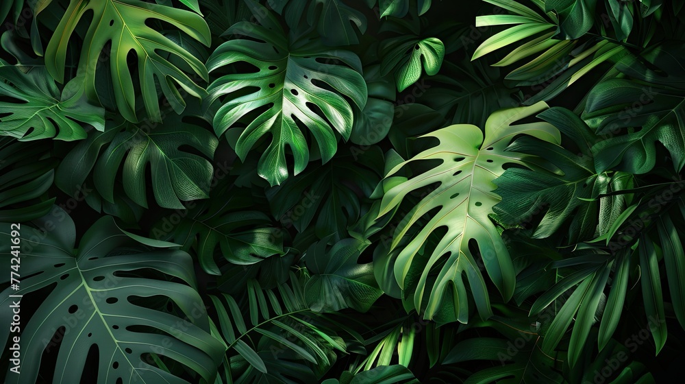 Envision the beauty of a verdant canopy as tropical green leaves create a lush and vibrant background