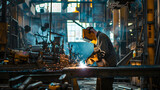 man welds metal in factory