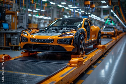 Vibrant orange sports car being assembled, robotic arms working on chassis, epitome of modern manufacturing technology. Bright sports vehicle under assembly in a plant with mechanical arms engaged © N Joy Art 