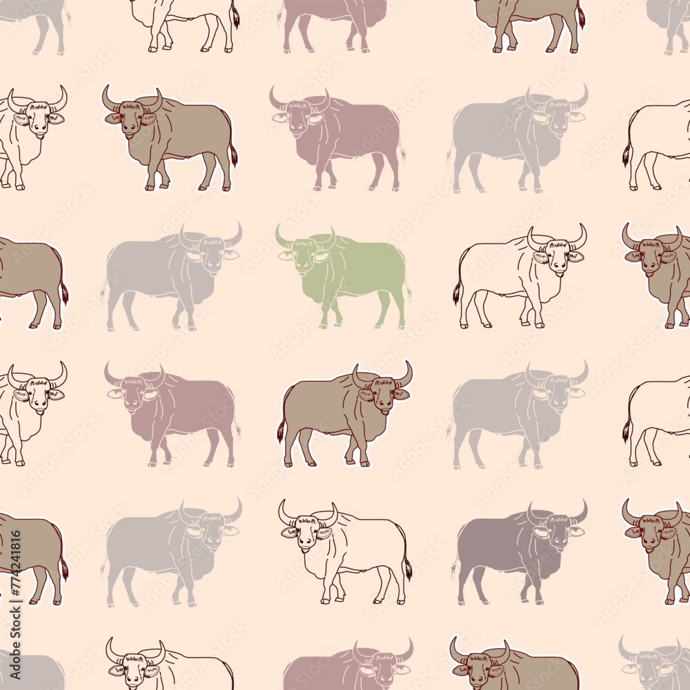 Vector seamless pattern with bull. Can be used for, wallpaper, pattern fills, web page background, surface textures