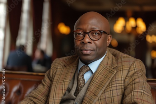 African American cafe owner with a beaming smile, Distinguished gentleman in tailored tweed, pensively seated, captures timeless elegance, reflecting amidst the plush ambiance of a classic diner