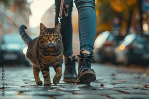 the cat walks on a leash with the owner during a walk in the city
