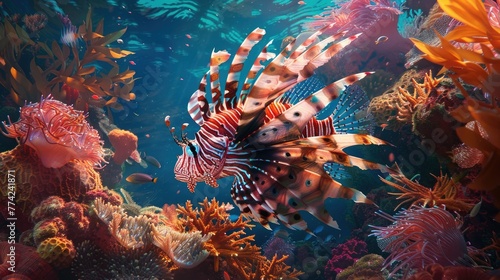 Explore the beauty of marine life with a prompt showcasing a stunning lionfish gracefully navigating a vibrant coral reef