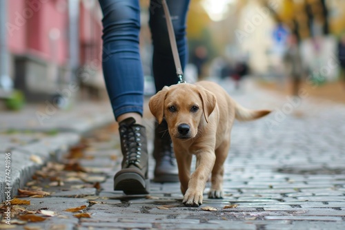 the dog walks on a leash with the owner during a walk in the city